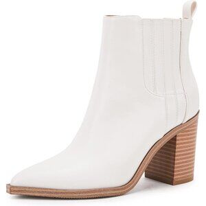 Womens White Faux Leather Slip on Pointed Toe Chunky Block Mid Heel Booties